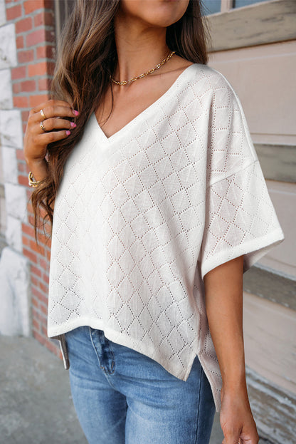 V Neck Knitted Flowy Blouse | White