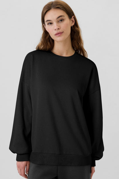 Solid Fleece Lined Drop Shoulder High Low Sweatshirt | Black