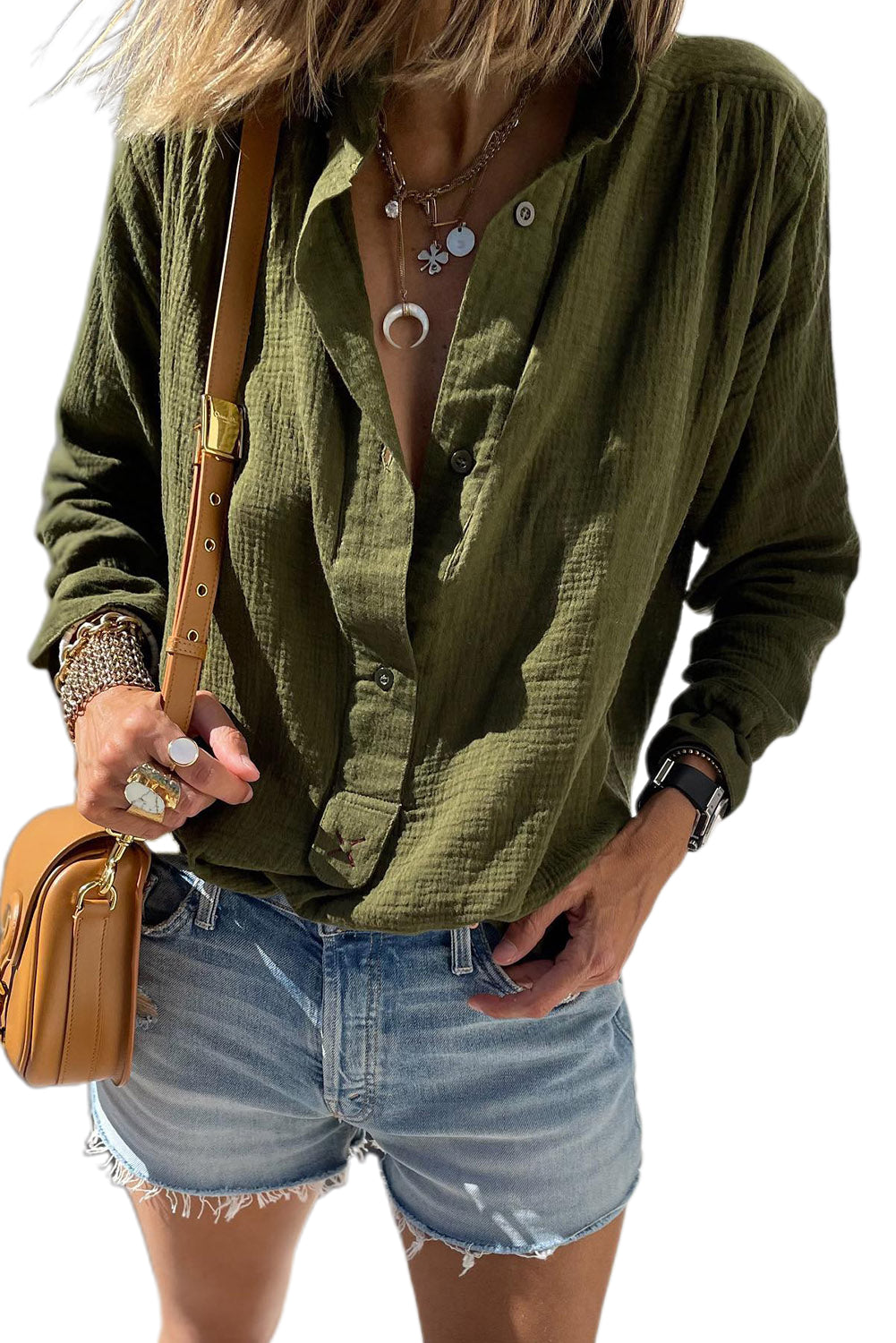 Crinkle Textured Button Up Long Sleeve Shirt | Jungle Green