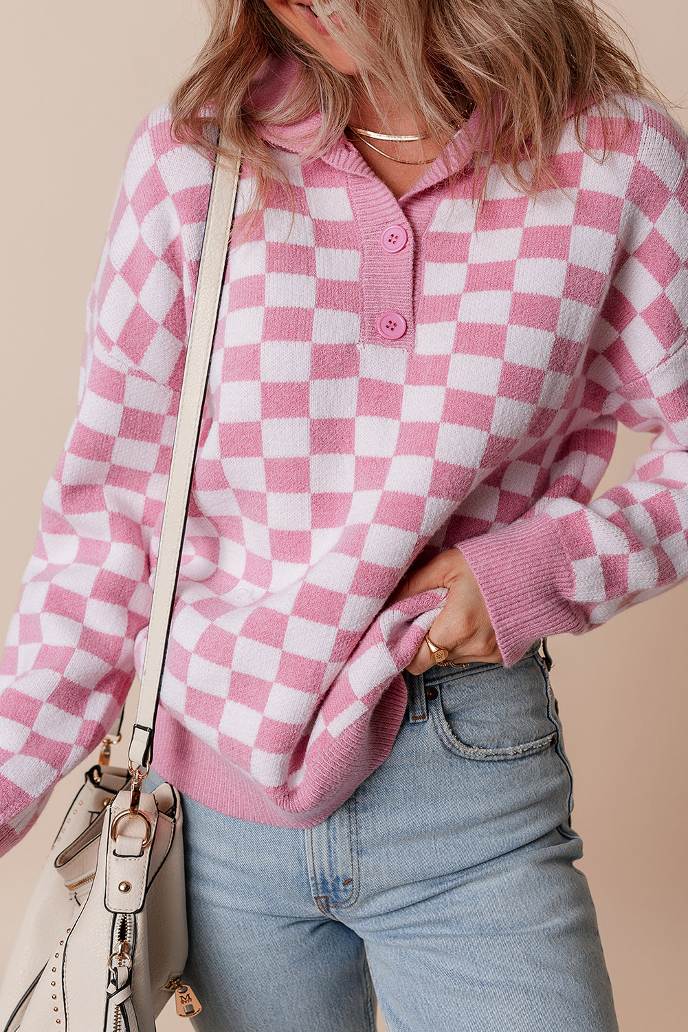 Checkered Buttons Collar V Neck Drop Shoulder Sweater | Pink