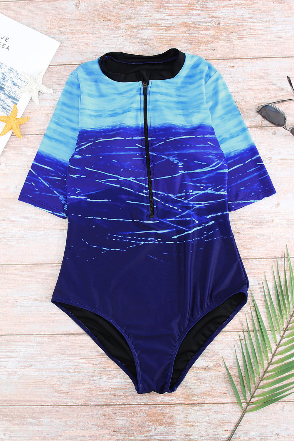 Print Zip Front Half Sleeve One Piece Swimsuit | Blue