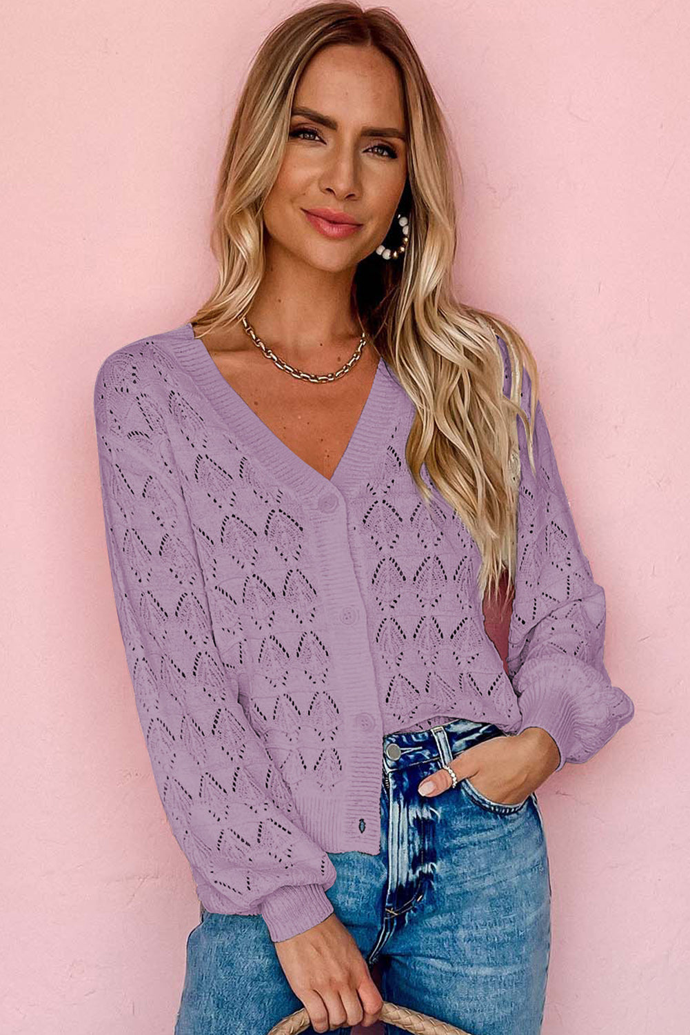 Lightweight Buttoned Front Crochet Cardigan | Purple