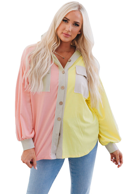 Colour Block Pocketed Button Down Shirt Jacket With Hood | Multicolour