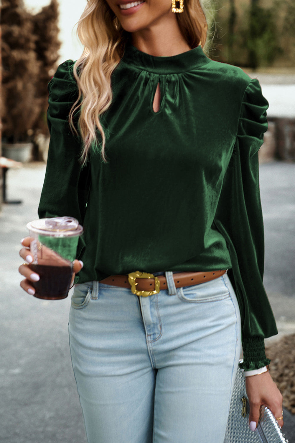 Mock Neck Puff Sleeve Velvet Blouse | Blackish Green