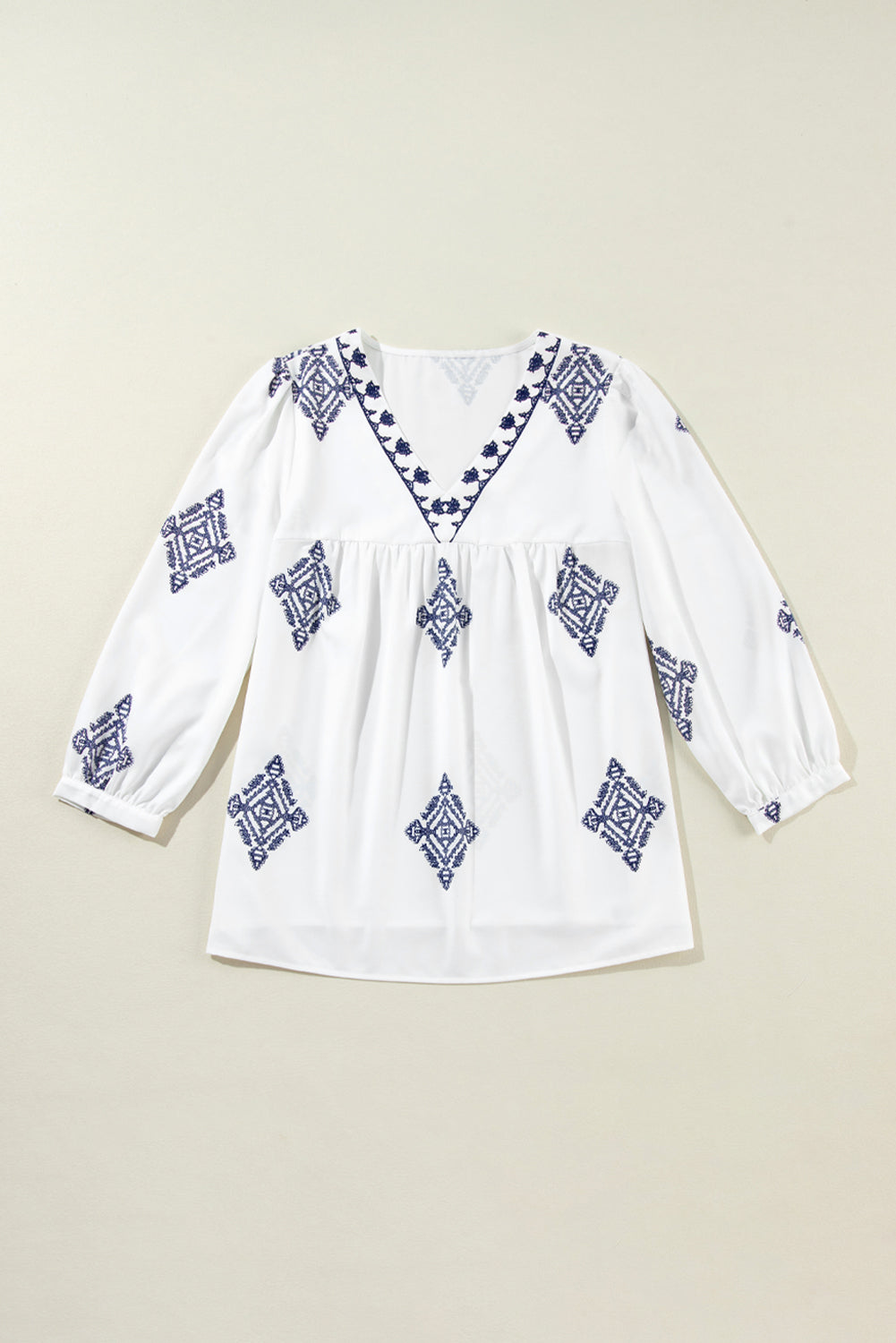 Boho Geometric Print Bracelet Sleeve V Neck Blouse | White