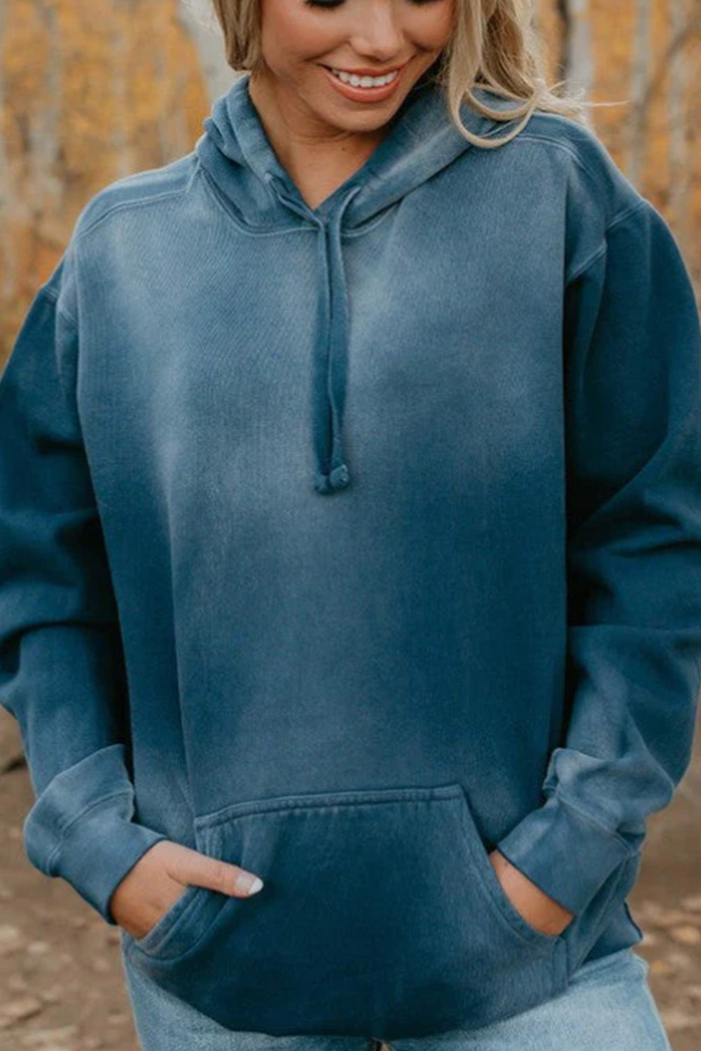 Blue Solid Kangaroo Pocket Drawstring Hoodie