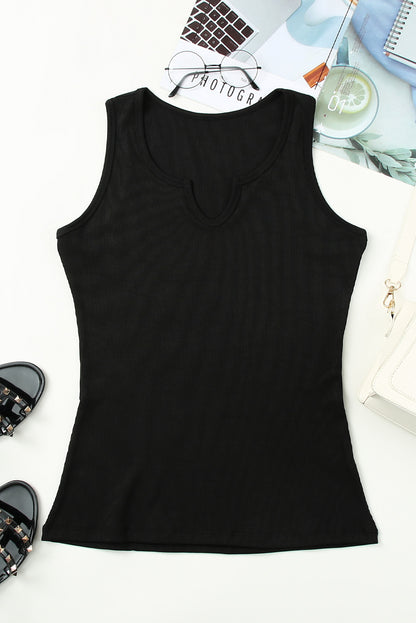 Split Neck Ribbed Knit Tank Top | Black