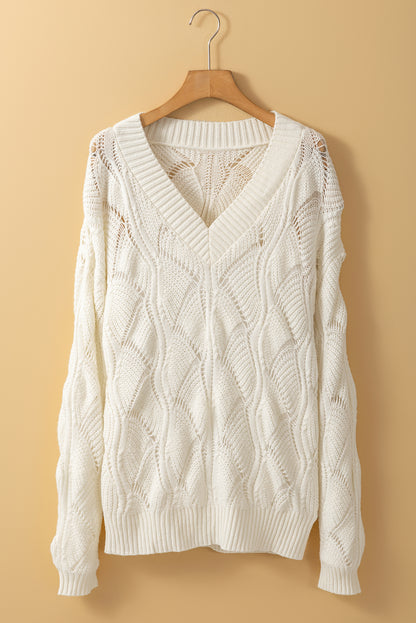 Hollow Out Knit V Neck Drop Shoulder Sweater | Beige