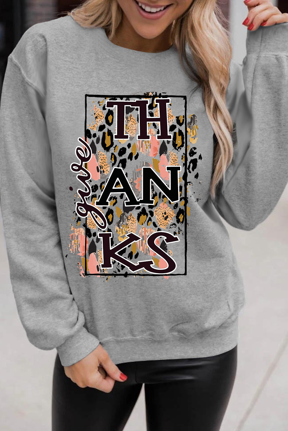 Give Thanks Leopard Graphic Drop Shoulder Sweatshirt | Gray