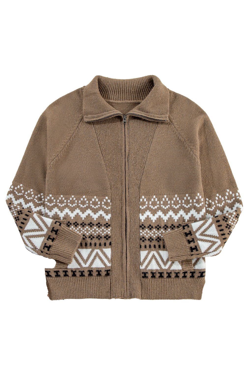 Western Printed Ribbed Trim Collared Zip Up Cardigan | Brown