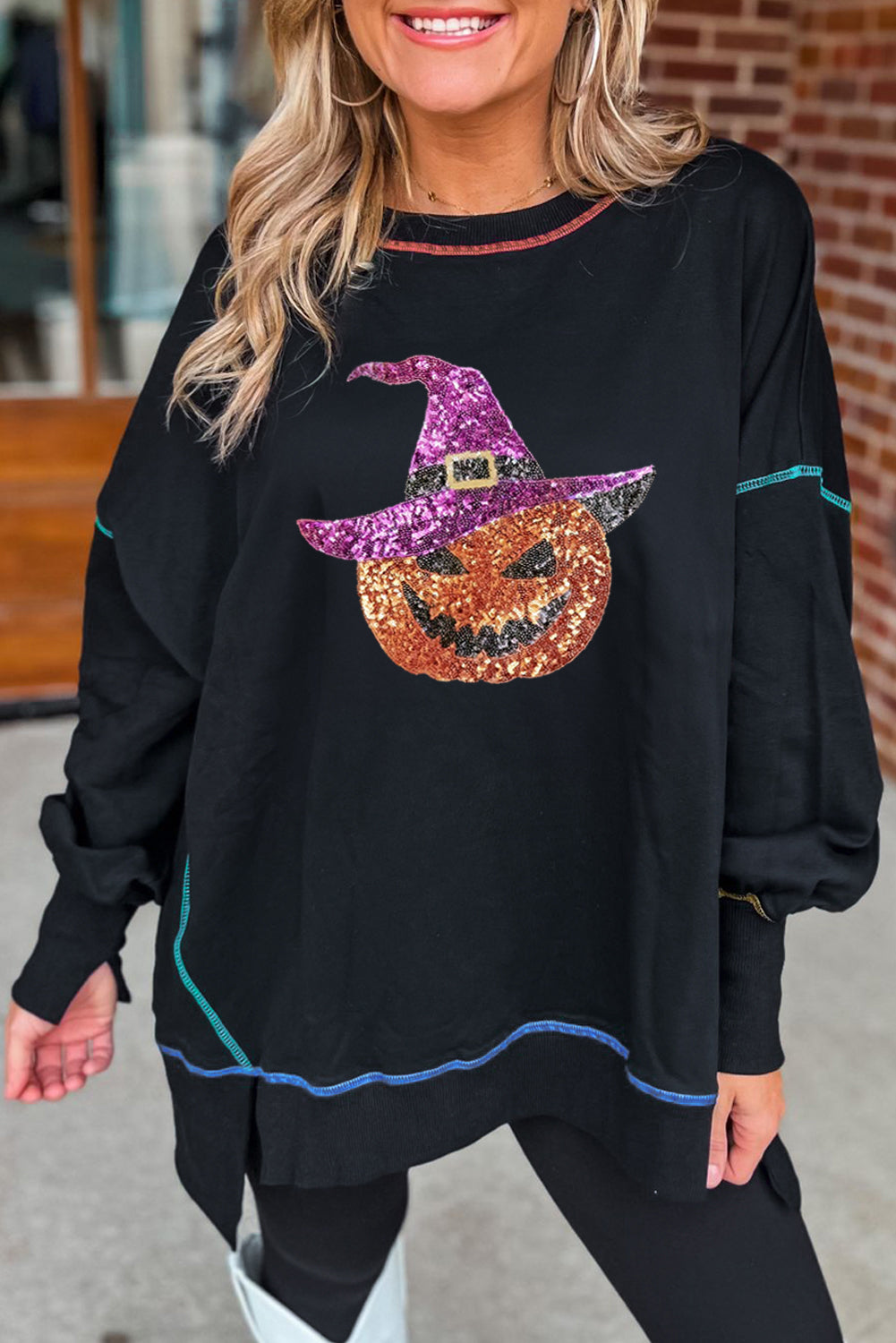 Black Glittering Pumpkin Wizard Graphic Exposed Seam Side Split Halloween Sweatshirt