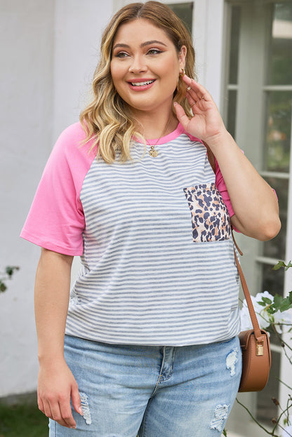 Leopard Patch Pocket Plus Size Raglan Sleeve Tee | Stripe