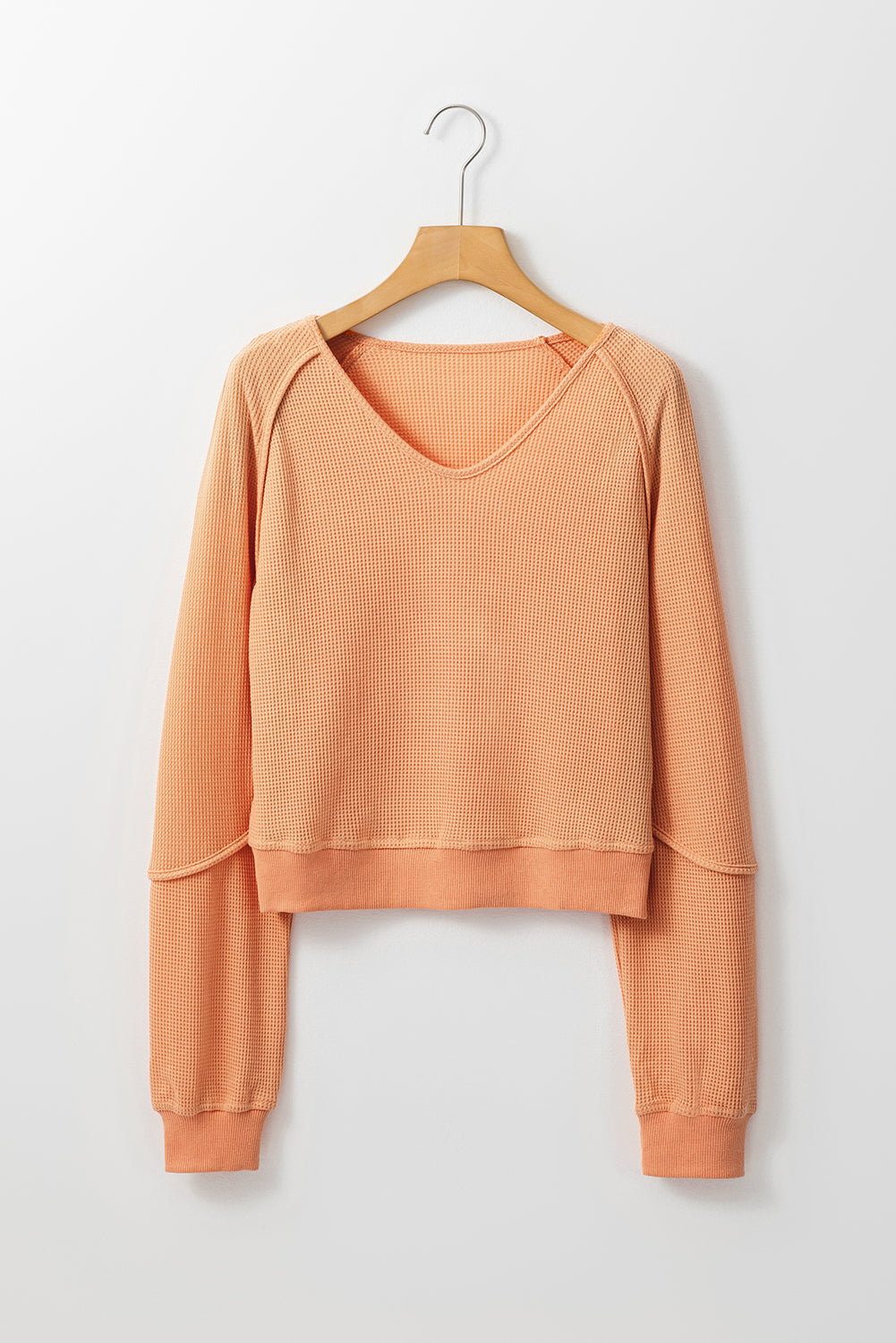 Solid Long Sleeve V Neck Corded Top | Orange