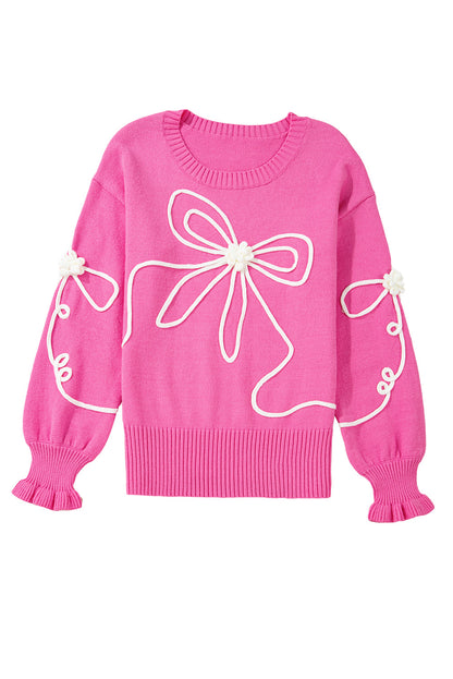 Corded Flower Bow Ribbed Trim Casual Sweater | Bright Pink