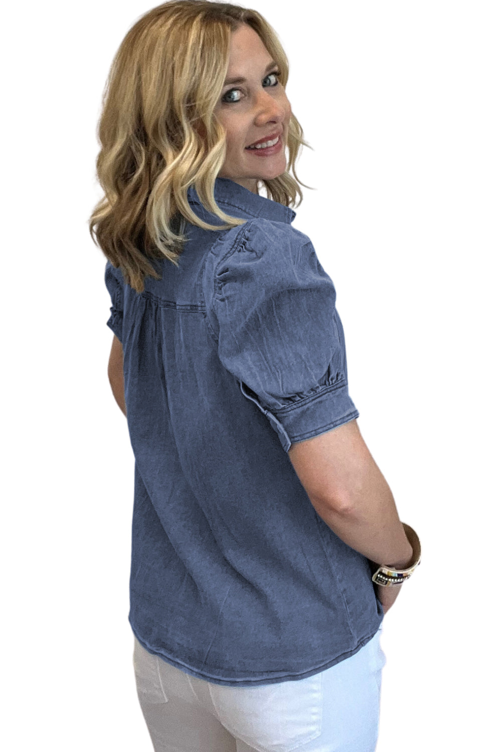 Bubble Sleeve Button Up Denim Shirt | Ashleigh Blue