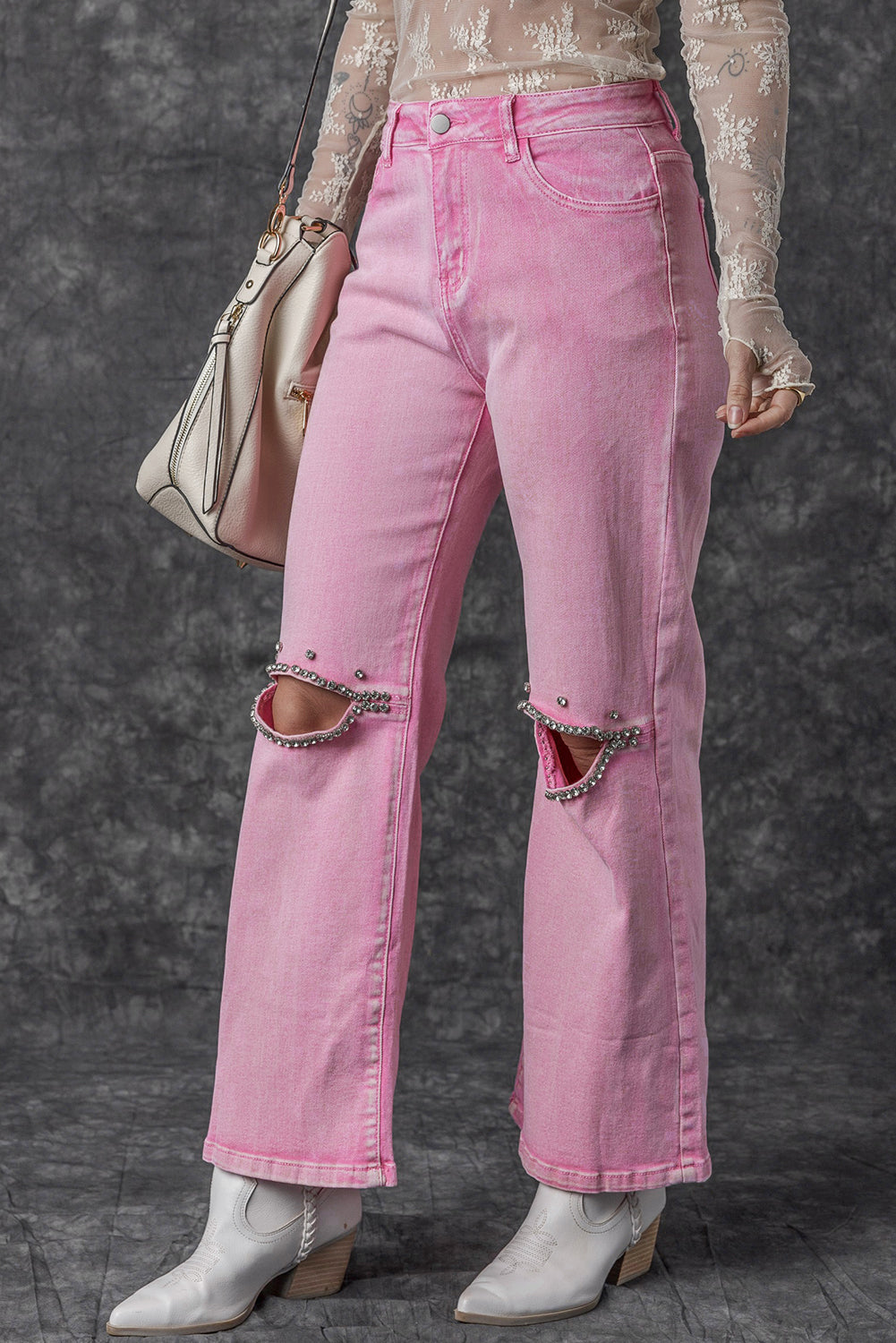 High Waist Rhinestone Cutout Wide Leg Jeans | Pink