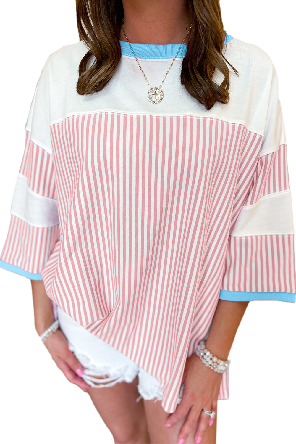 Patchwork Bracelet Sleeve Plus Size T Shirt | White Stripe