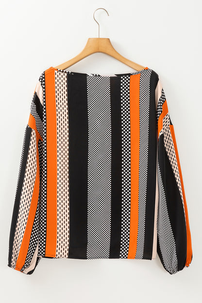 Polka Dot Vertical Striped Printed Puff Sleeve Blouse | Orange