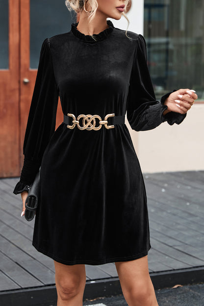 Velvet Frill Neck Long Sleeve Shift Dress | Black