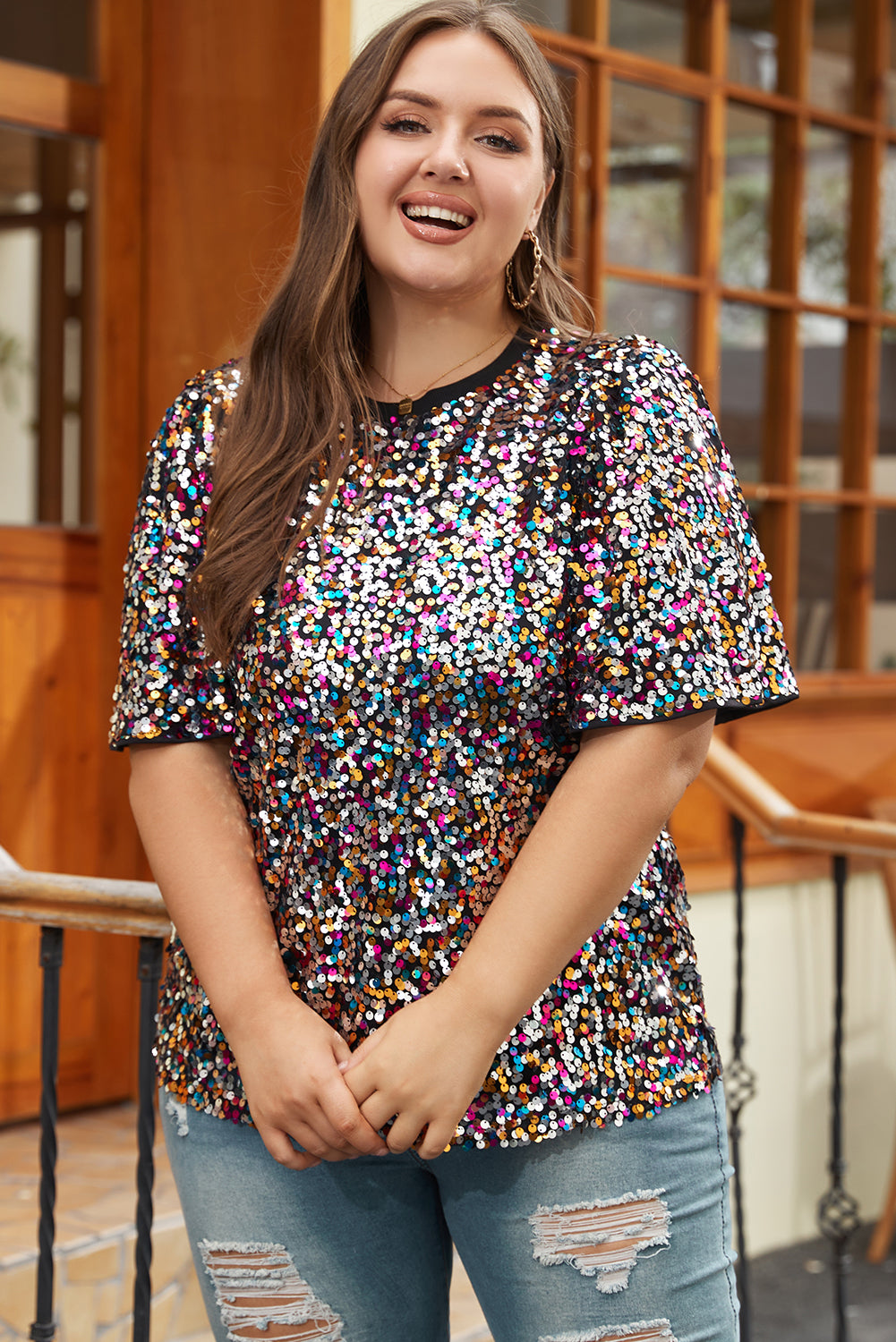 Vibrant Sequin Plus Size Short Sleeve Top | Silvery