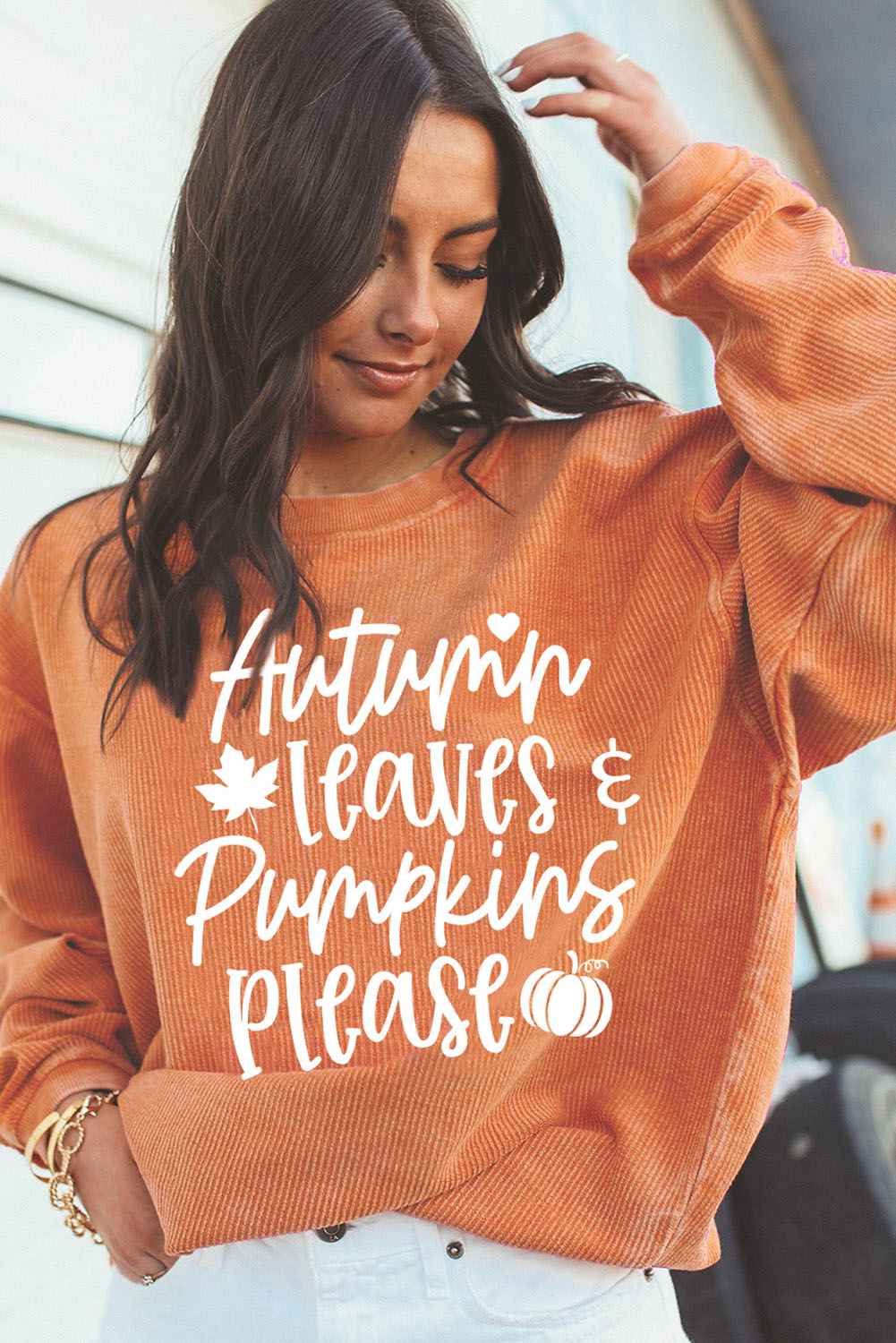 Autumn Leaves Pumpkins Please Ribbed Oversized Sweatshirt | Orange