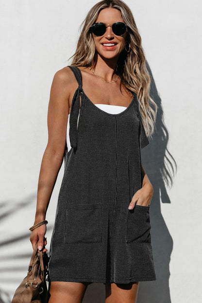 Striped Print Knotted Straps Pocketed Romper | Dark Grey