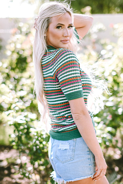 Striped Pattern Contrast Trim Pointelle Knit T Shirt | Dark Green