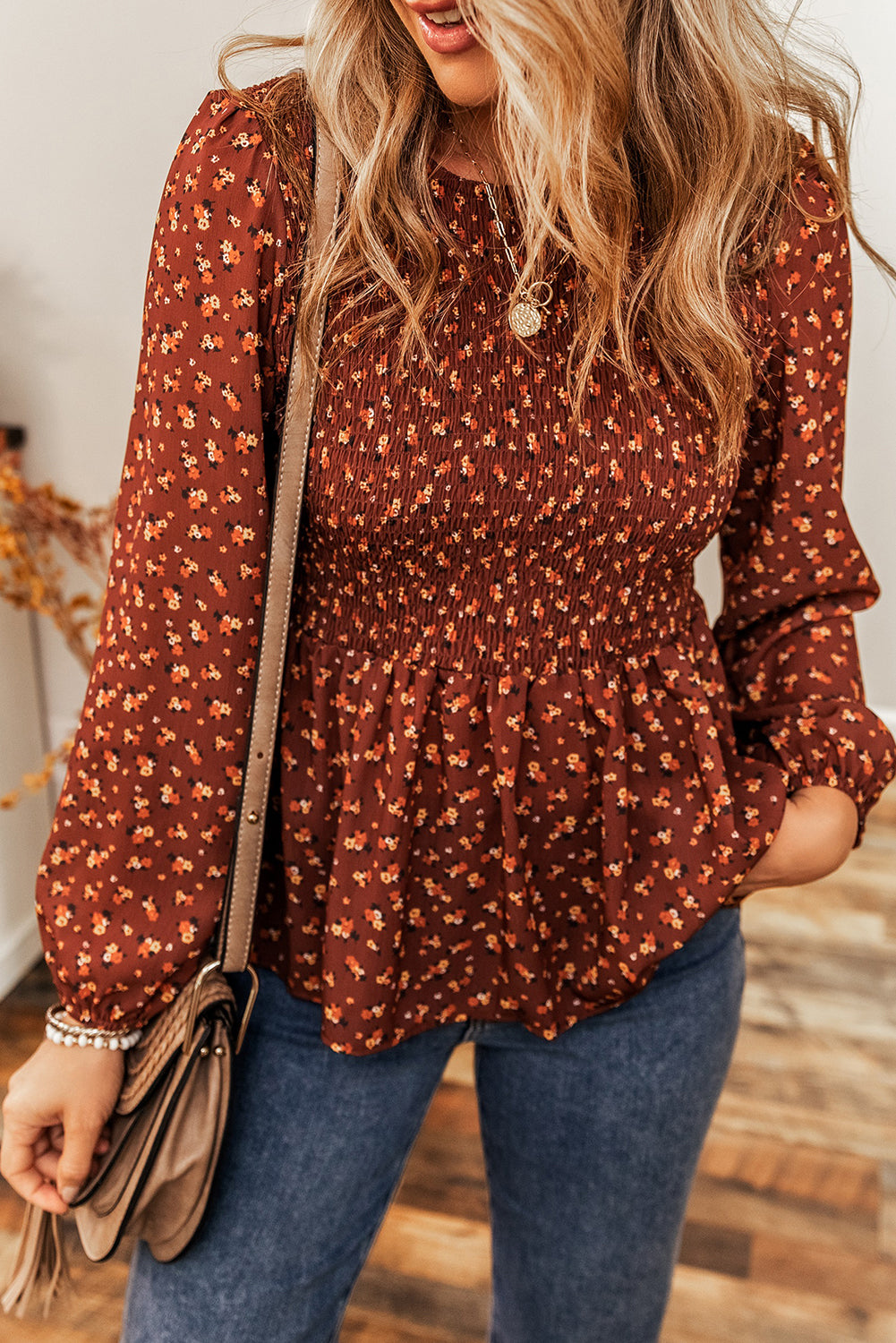 Boho Floral Smocked Bust Ruffled Peplum Blouse | Printed