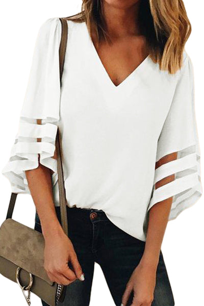 Flare Sleeve V Neck Loose Blouse | White