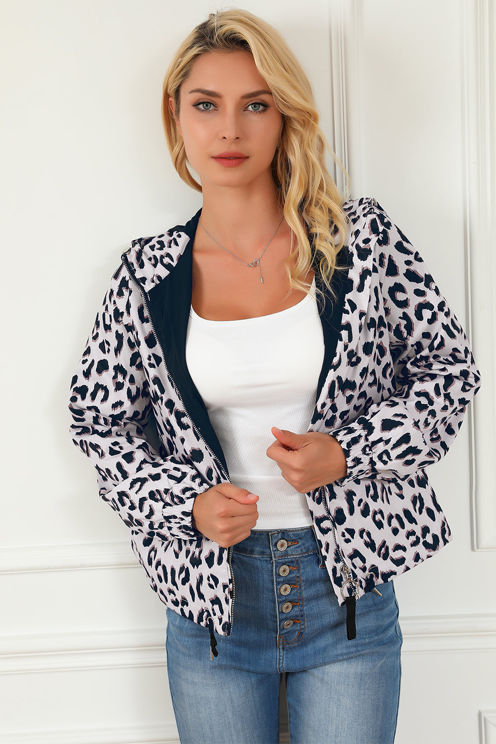 Zip Up Collared Hooded Windbreaker | Leopard