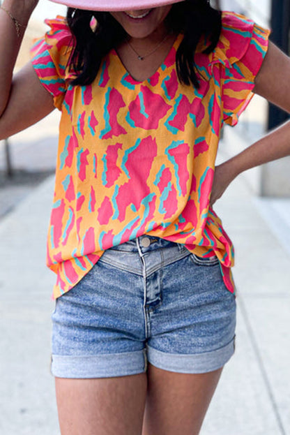 Abstract Print V Neck Ruffled Sleeve Blouse | Orange