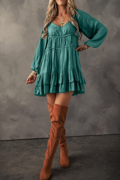 Tiered Ruffled Puff Sleeve Loose Fit Mini Dress | Mist Green