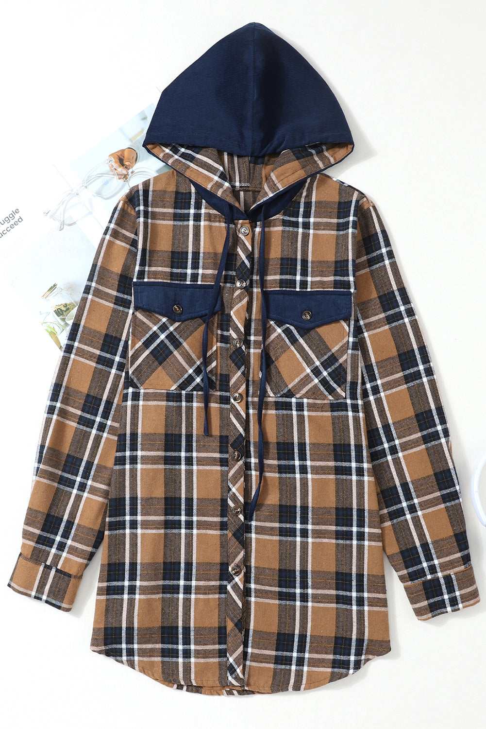 Bluing Contrast Hooded Drawstring Plaid Shacket | Mazarine