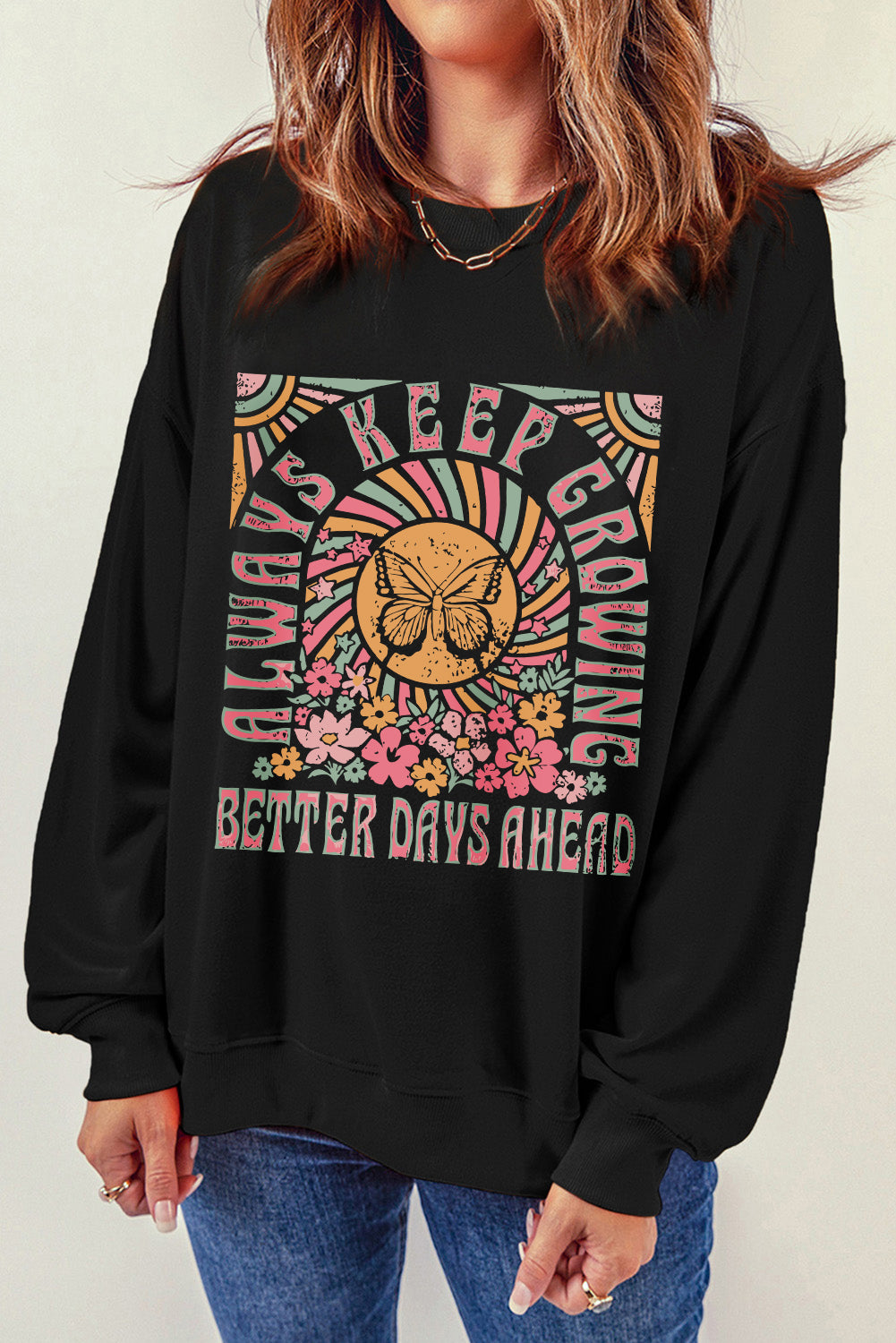 Always Keep Growing Floral Butterfly Graphic Sweatshirt | Black