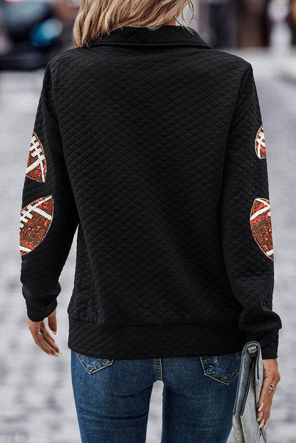 Sequin Rugby Football Patched Quarter Zip Textured Sweatshirt | Black