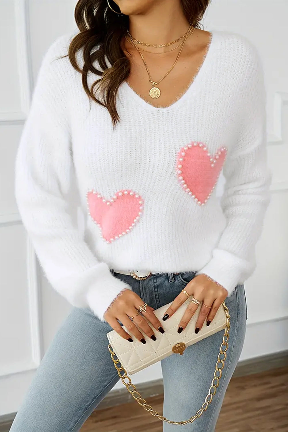 Pearl Beaded Heart Pattern Fuzzy V Neck Sweater | White