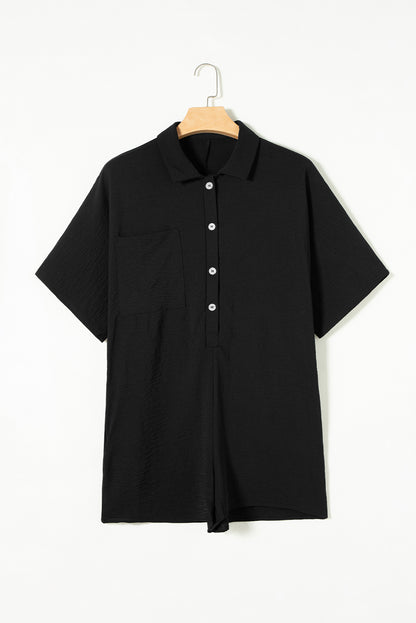 Half Button Collared Loose Romper | Black