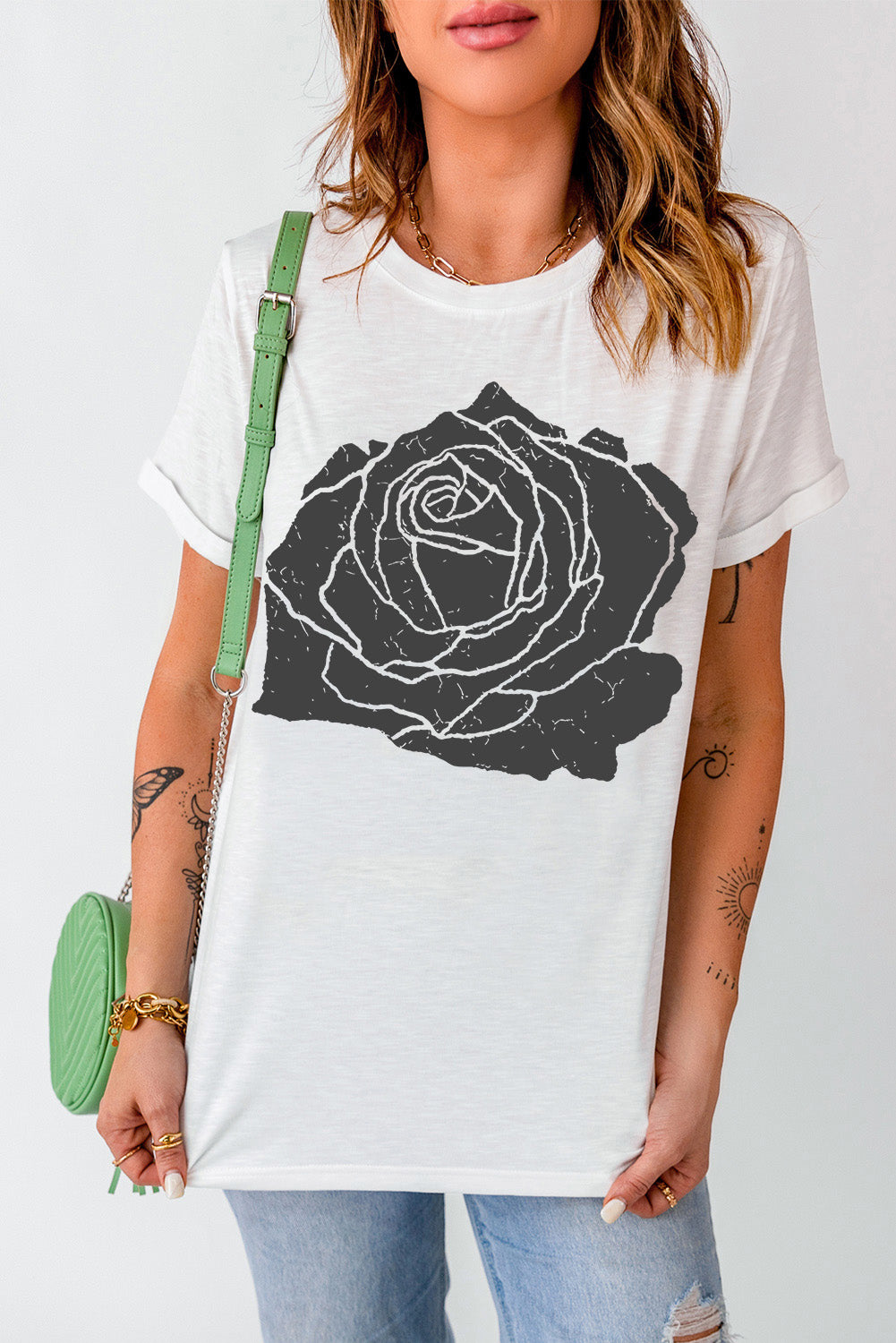 Large Rose Print Round Neck T Shirt | White