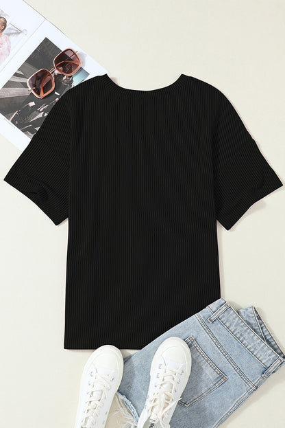 Corded V Neck Chest Pocket Loose T-Shirt | Black