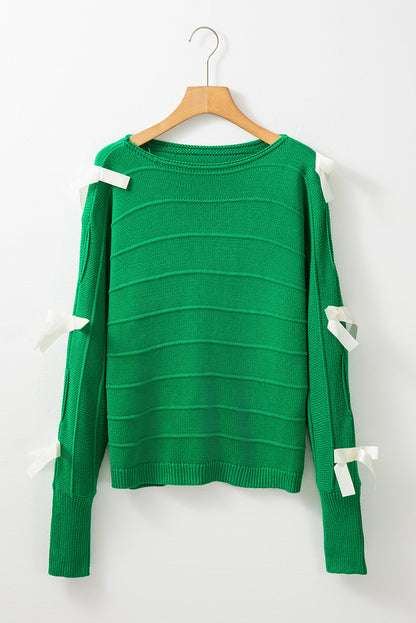 Bow Knot Cut Out Round Neck Loose Sweater | Bright Green