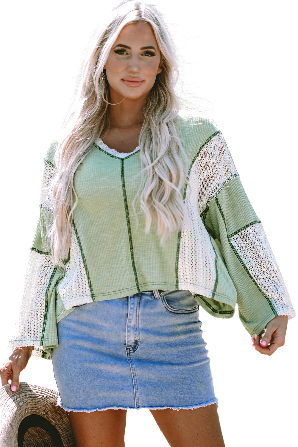 Crochet Detail Exposed Seam High Low Loose Top | Grass Green