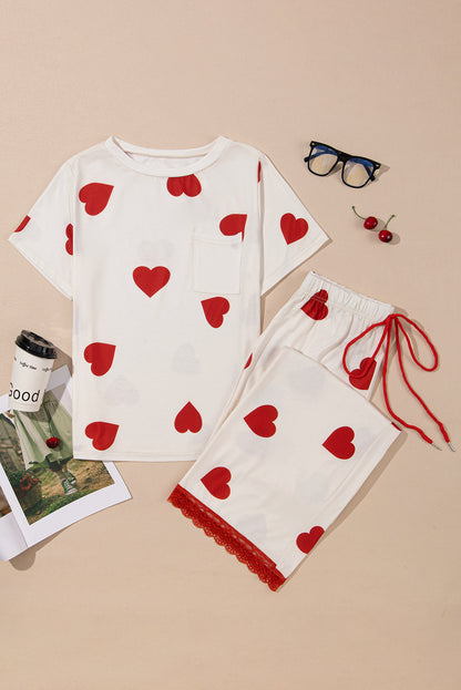 Valentines Heart Print Lace Hem Tee Pants Pajama Set | White