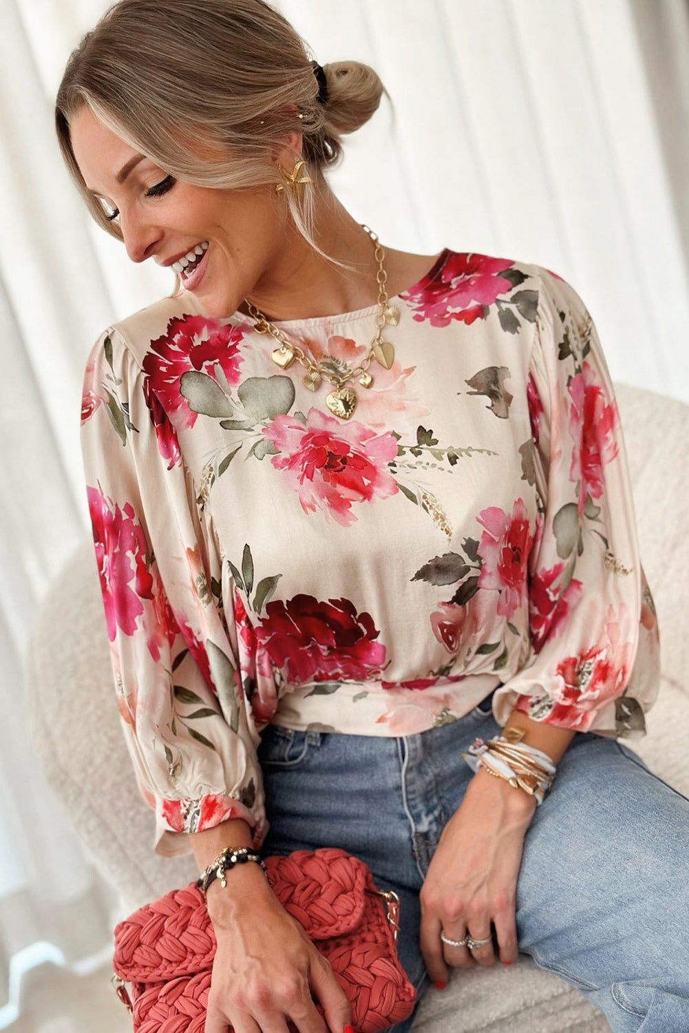 Floral 3/4 Sleeve Lace-Up Back Blouse | Rose