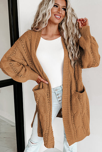 Ribbed Trim Eyelet Cable Knit Cardigan | Khaki