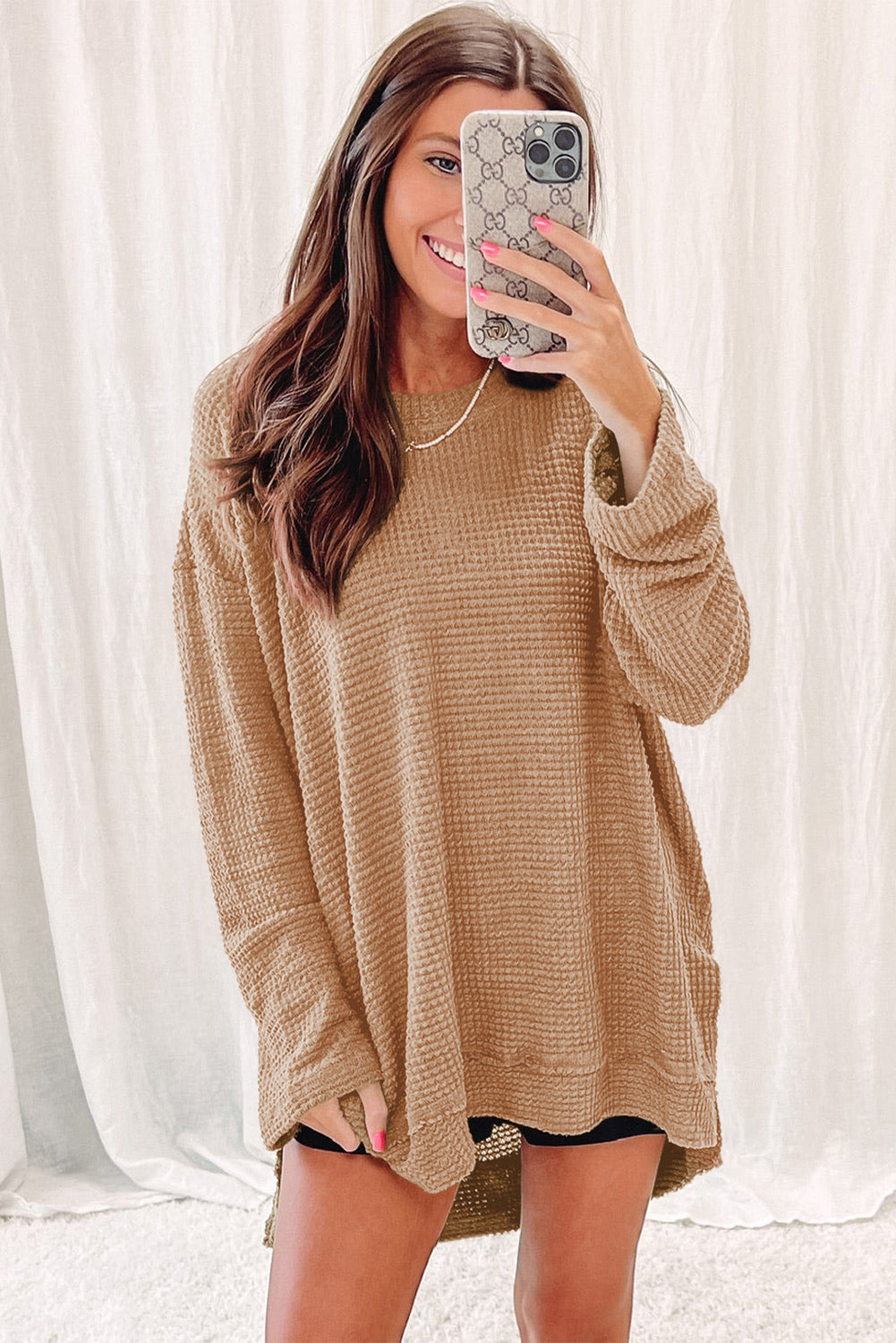 Waffle Knit High Slits Oversized Top | Khaki