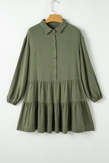 Puff Sleeve Buttoned Tiered Pleated Shirt Mini Dress | Jungle Green