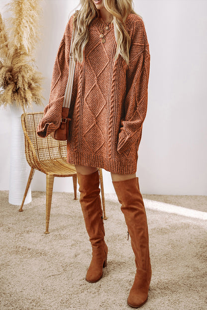 Cable Knit Drop Shoulder Loose Fit Sweater Dress | Coffee