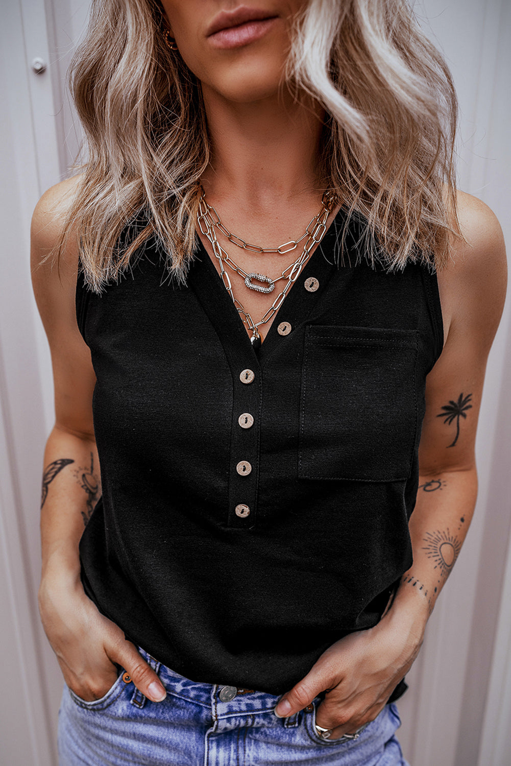 Half Button V Neck Patched Pocket Tank Top | Black