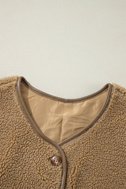 Leather Contrast Side Pockets Buttoned Fleece Vest | Camel