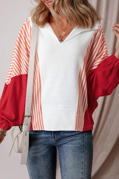 Striped Colour Block Collared V Neck Oversized Sweatshirt | White